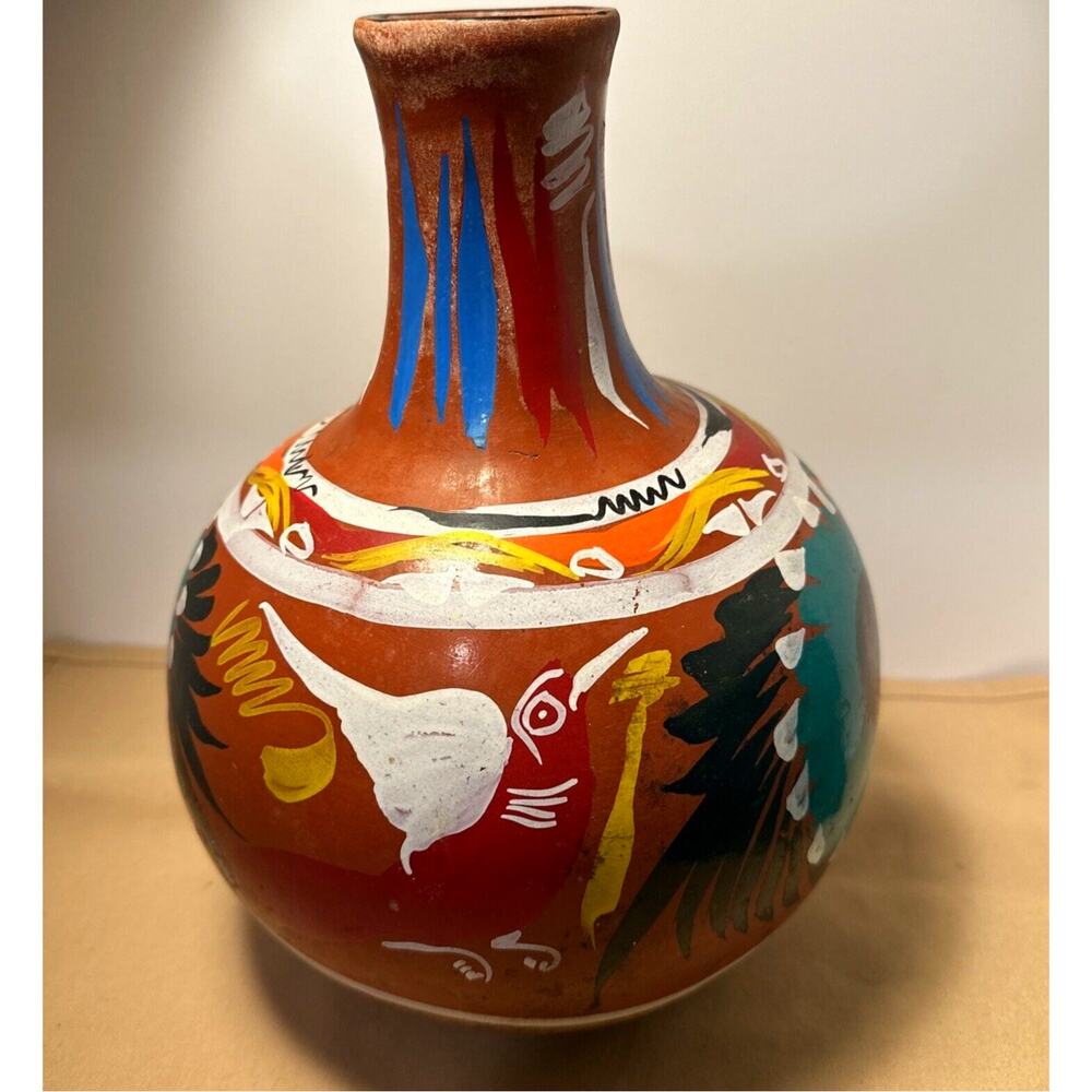 Hand Painted Red Ware Pottery Vessel Decanter Pitcher Jug Folk Art 11.5x8 in